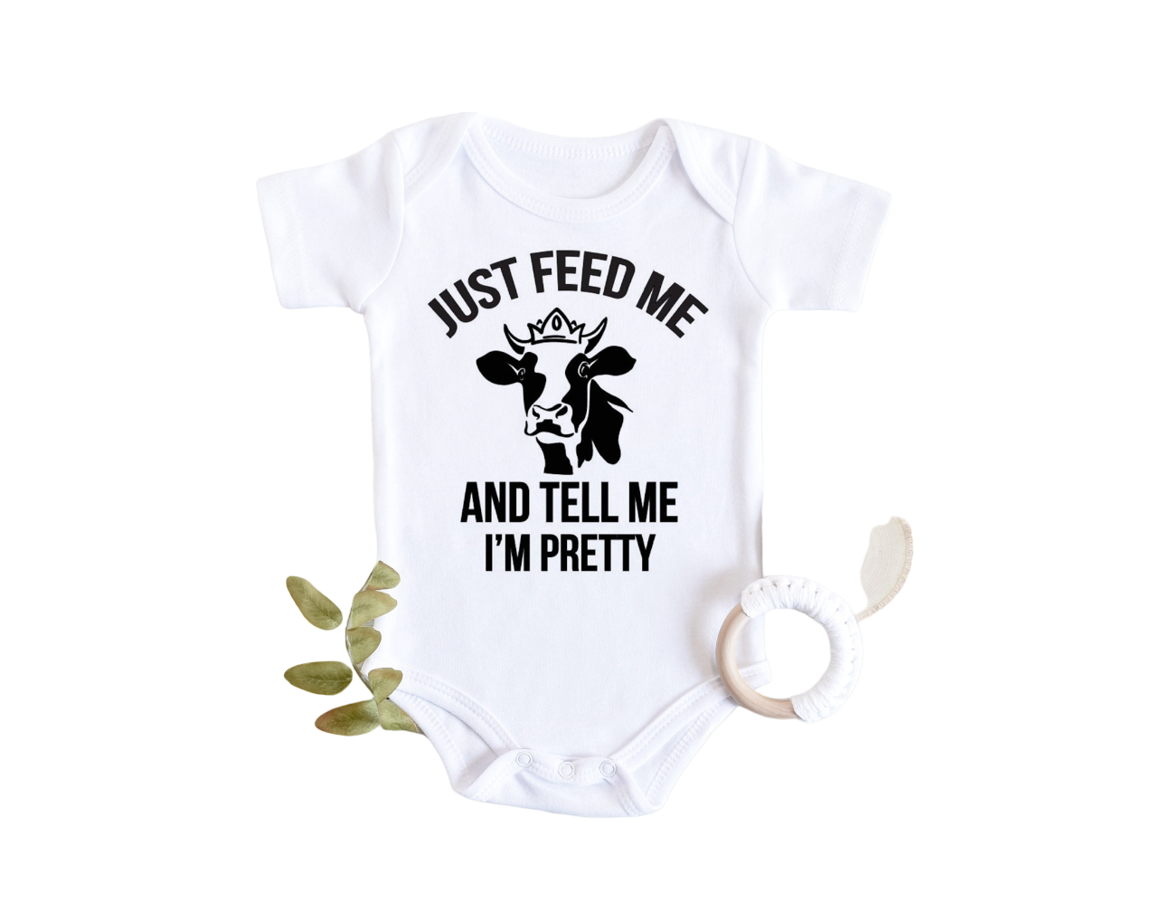 Just Feed Me And Tell Me I’m Pretty Baby Girl Onesie. Funny baby body suit with cute cow.