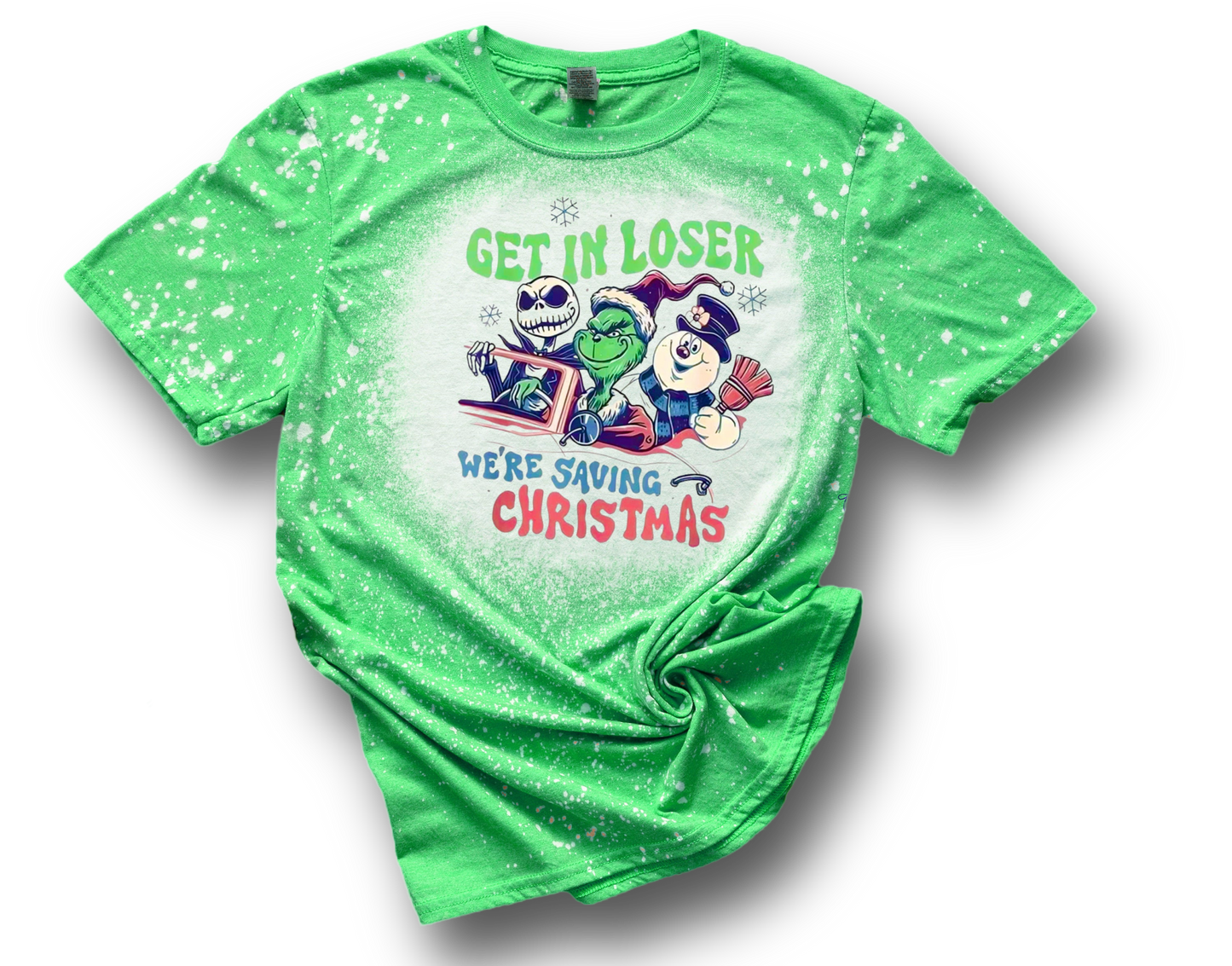 Get In Losers We're Saving Christmas Grinch Frosty Jack Skellington Mean Girls Christmas Movie Bleached Shirt