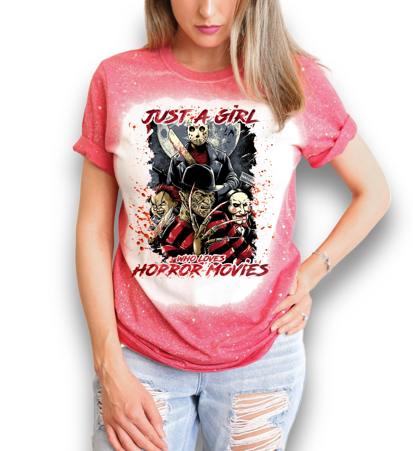 Just A Girl Who Loves Horror Movies Freddy Krueger Jason Chucky Pennywise Scary Movie Halloween Bleached T-Shirt