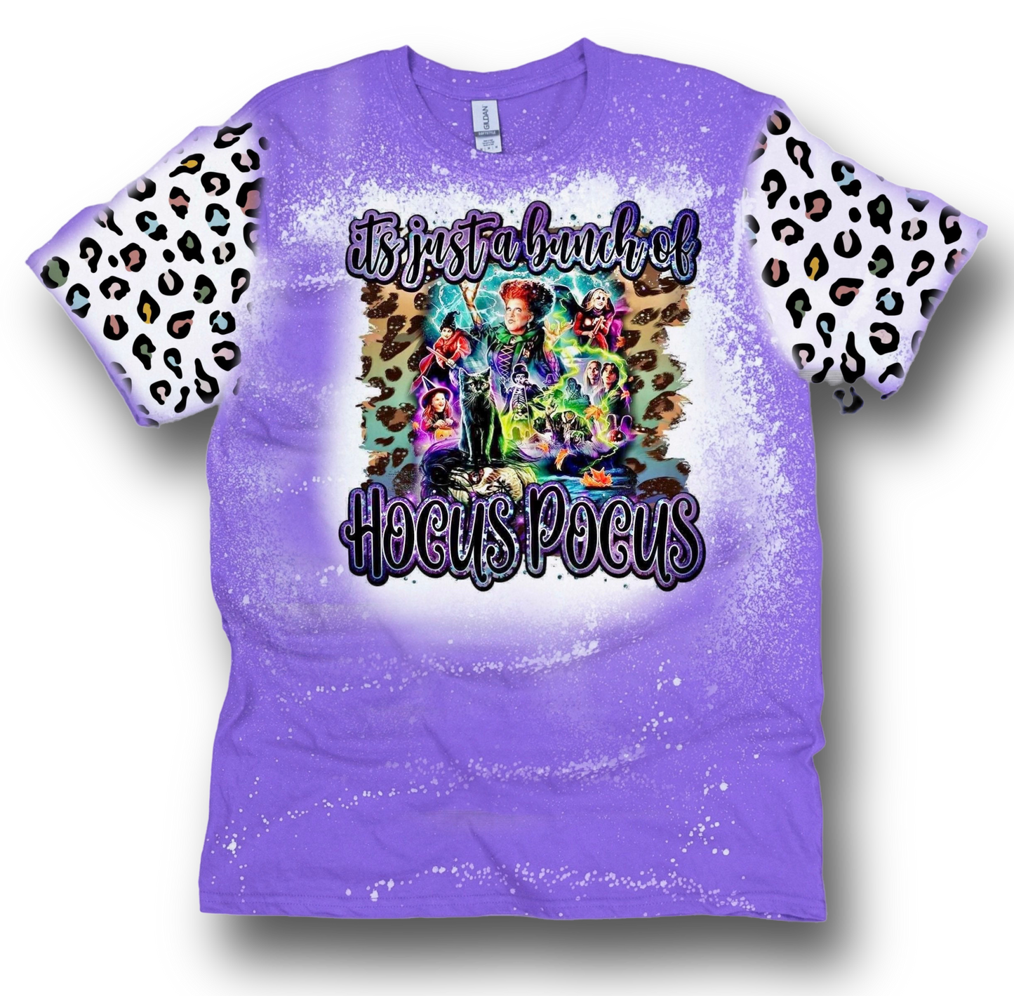 It’s Just A Bunch Of Hocus Pocus Sanderson Sisters Cheetah Pront Front Sleeve Bleached Distressed Shirt