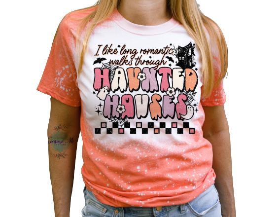 I Like Long Romantic Walks Through Haunted Houses Halloween Horror Spooky Season Bleached T-Shirt