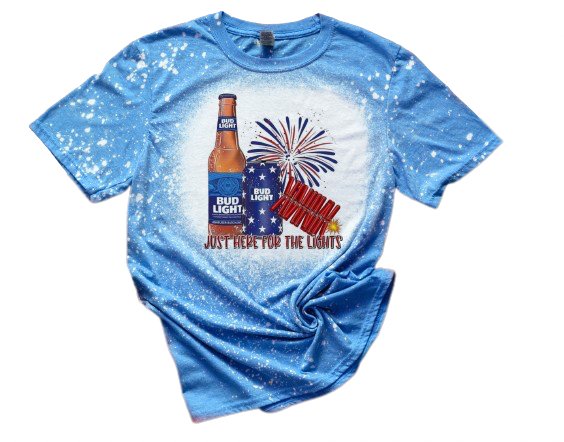 Just Here For The Lights Bud Light Beer Fourth Of July Funny Fireworks Bleached T-Shirt