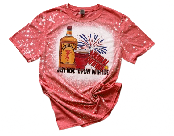 Just Here To Play With Fire Fireball Fourth Of July Funny Fireworks Bleached T-Shirt