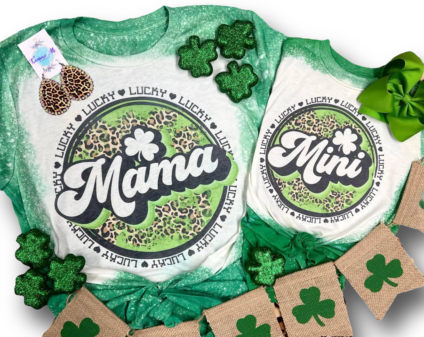 St. Patrick’s Day Mama & Mini Lucky Clover Matching Set Mommy & Me Bleached T-Shirts