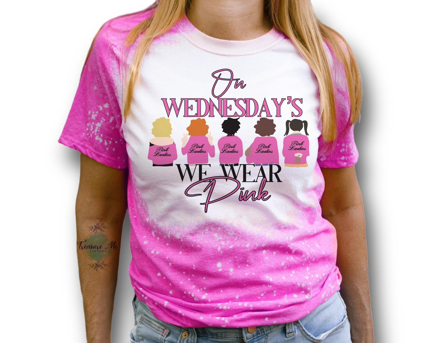On Wednesdays We Wear Pink Pink Ladies Sandy Rizzo Grease Bleached Distressed Shirt