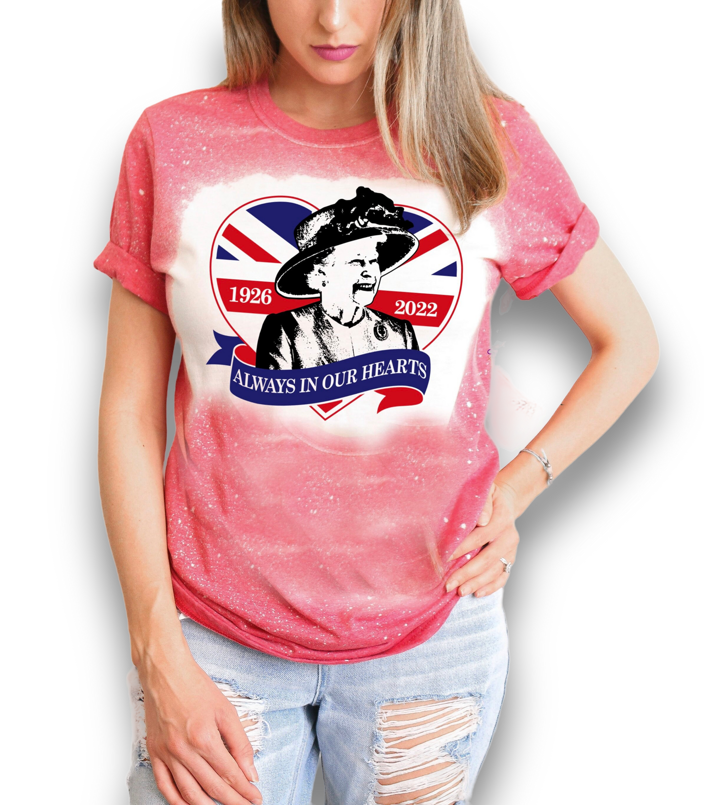 Queen Elizabeth Memorial Always In Our Hearts England Britain Monarch Queen The Royals Heart Bleached Tee