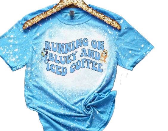 Running On Bluey and Iced Coffee Mom Shirt Chili  Bleached Tee Toddler Mom Bun Distressed Shirt