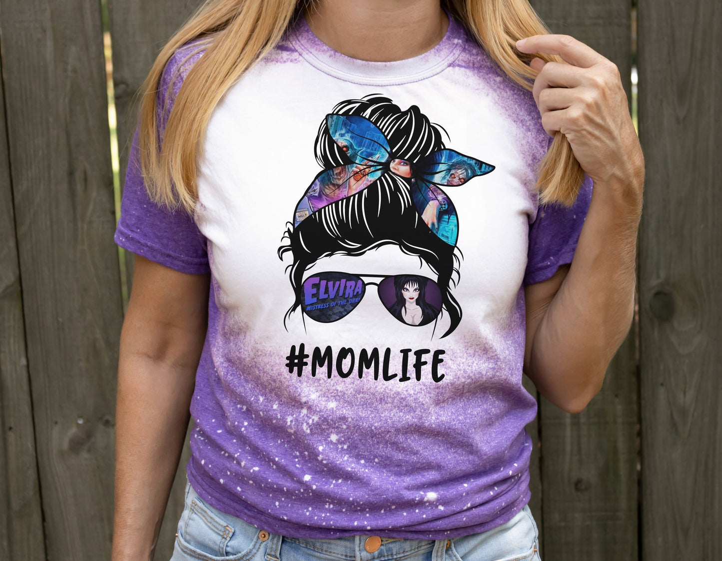 Elvira Mistress Of The Dark MomLife a Halloween Spooky Sexy Mom Bun Distressed Shirt