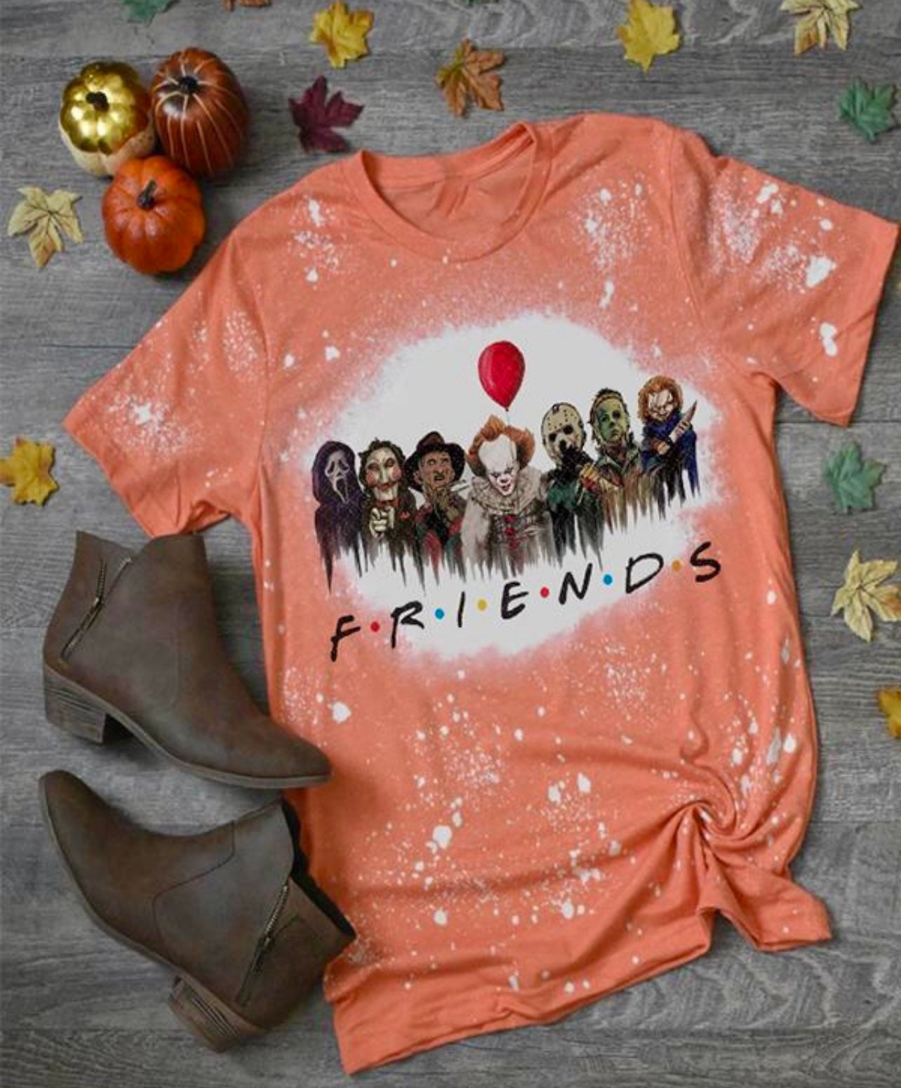 Friends Scary Horror Movie Beetlejuice Jason Freddy IT Horror Movie Halloween Bleached T-Shirt