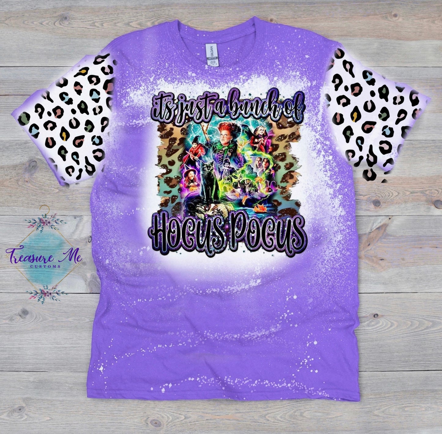It’s Just A Bunch Of Hocus Pocus Sanderson Sisters Cheetah Pront Front Sleeve Bleached Distressed Shirt