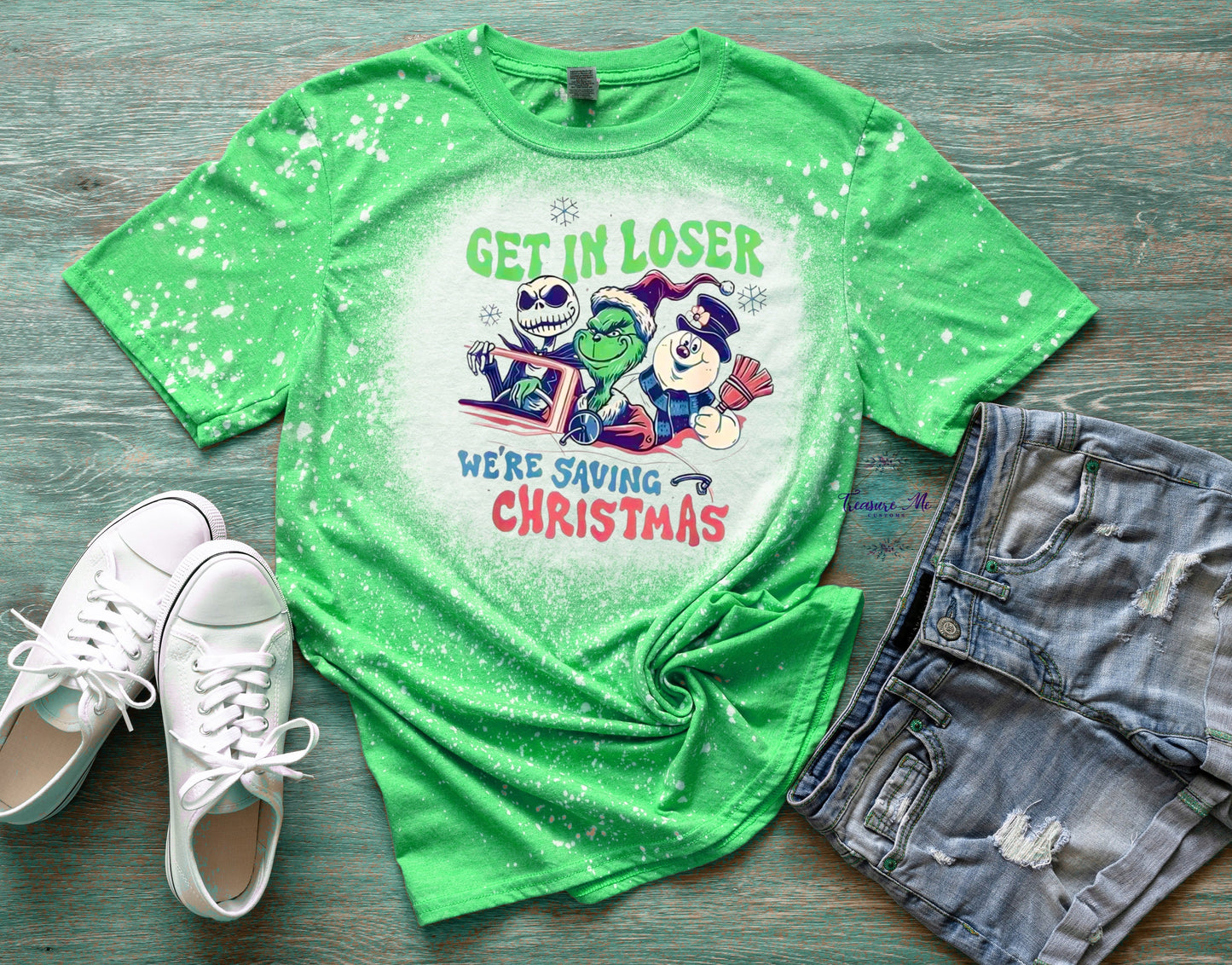 Get In Losers We're Saving Christmas Grinch Frosty Jack Skellington Mean Girls Christmas Movie Bleached Shirt