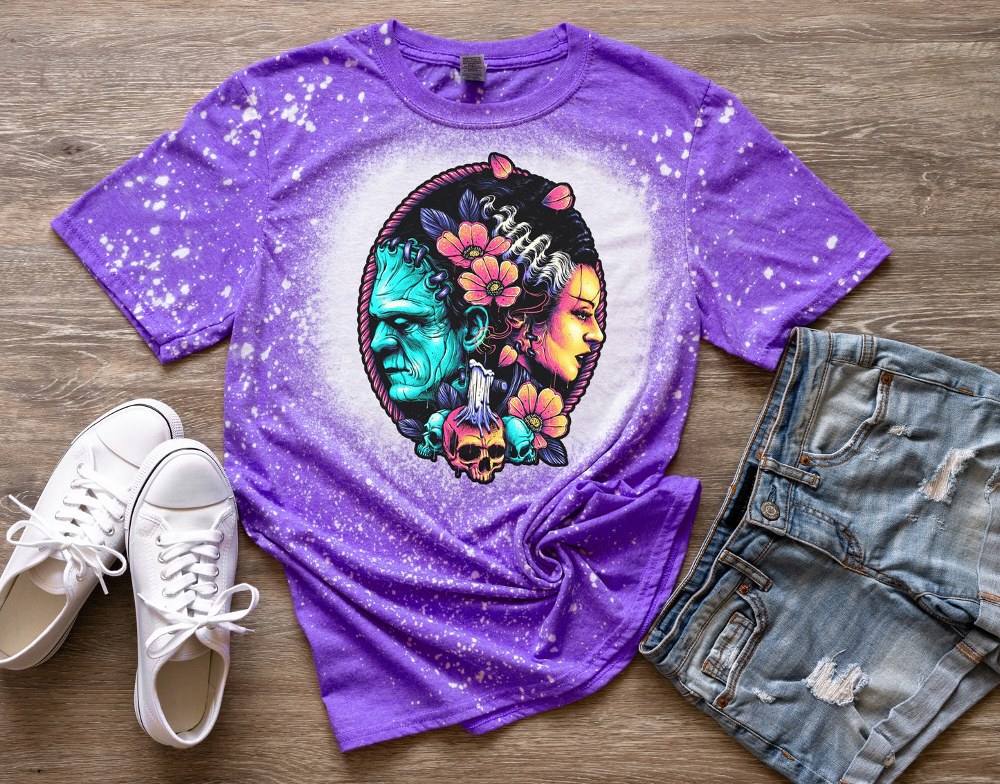 Frankenstein and Bride Of Frankenstein Elsa Love Vivid Bleached T-Shirt