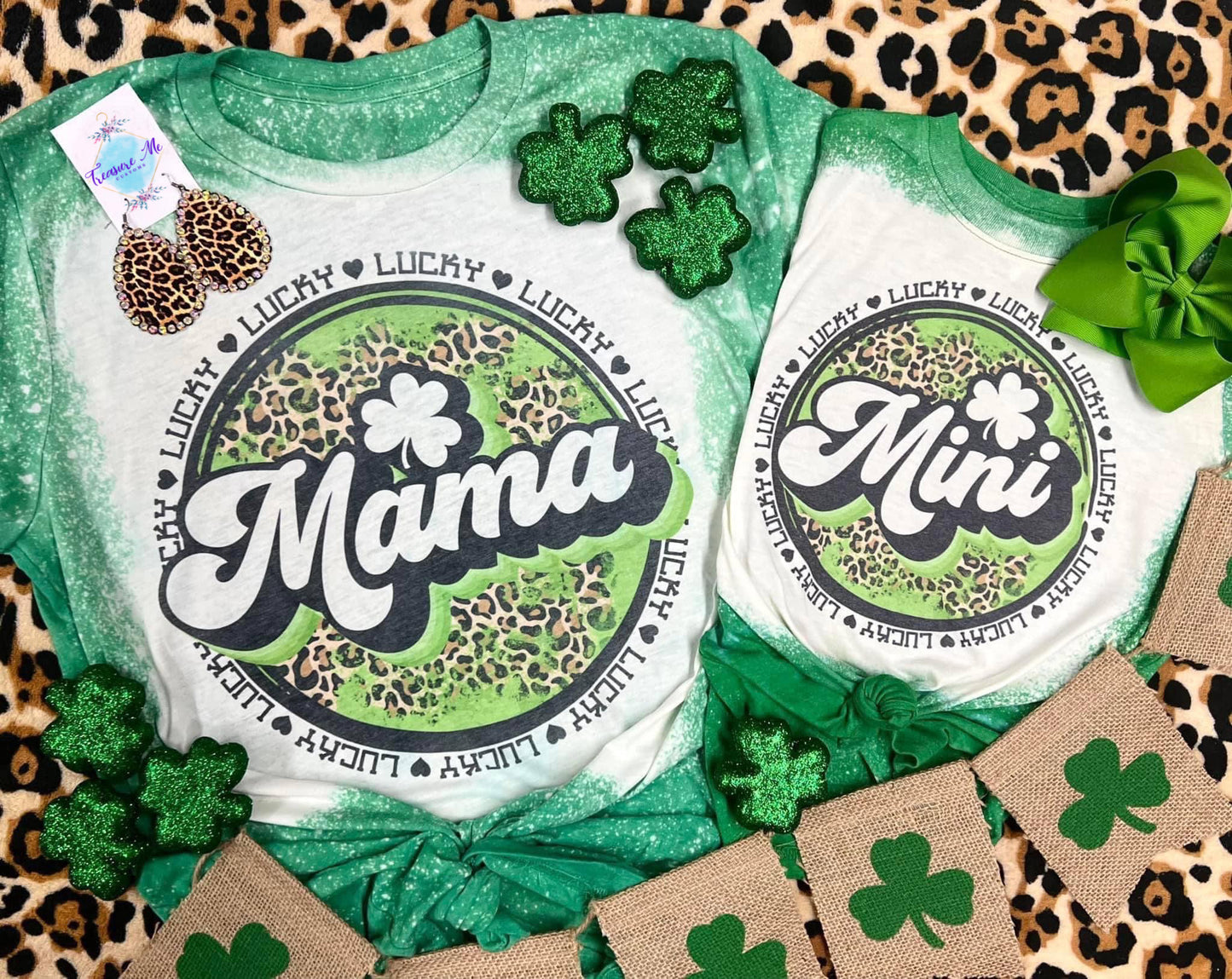 St. Patrick’s Day Mama & Mini Lucky Clover Matching Set Mommy & Me Bleached T-Shirts
